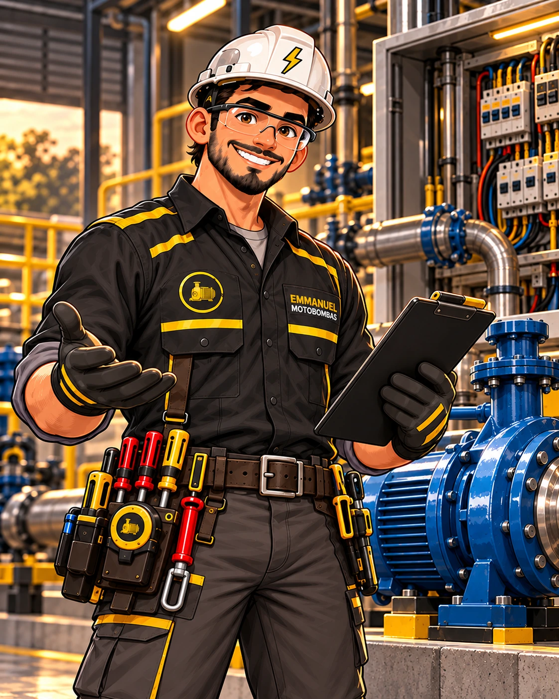 Avatar ilustrado da Emmanuel Motobombas orientando o cliente em ambiente técnico com motobombas.