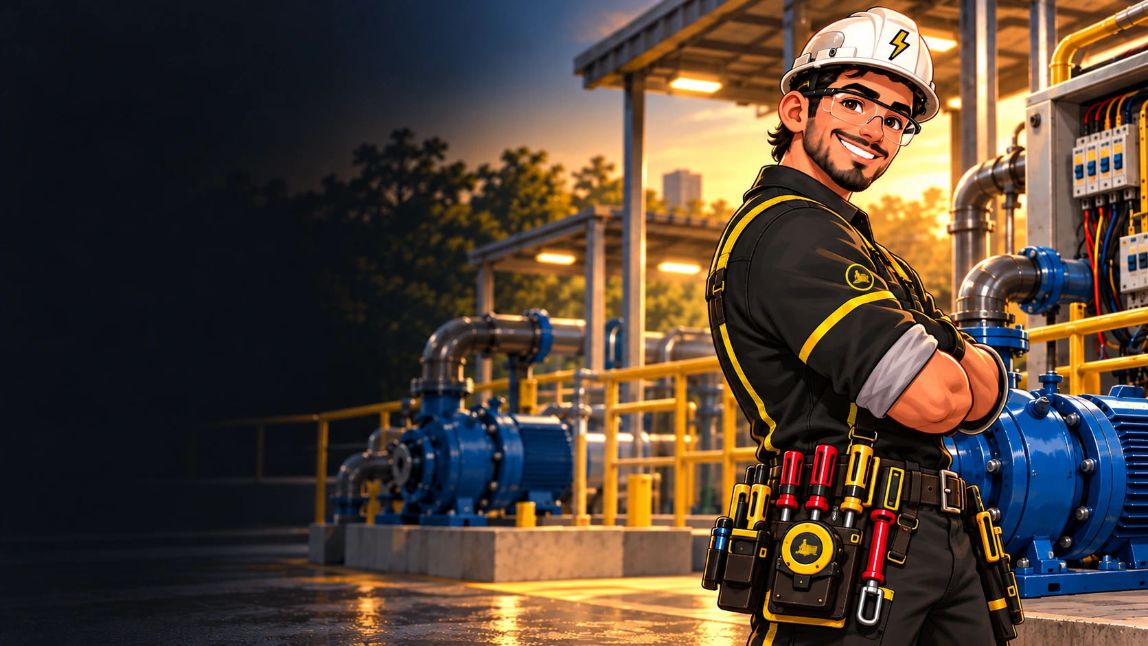 Avatar ilustrado da Emmanuel Motobombas em ambiente técnico com motobombas.