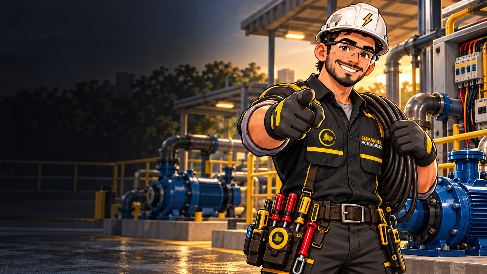 Avatar estilizado da Emmanuel Motobombas em ambiente técnico com motobombas.