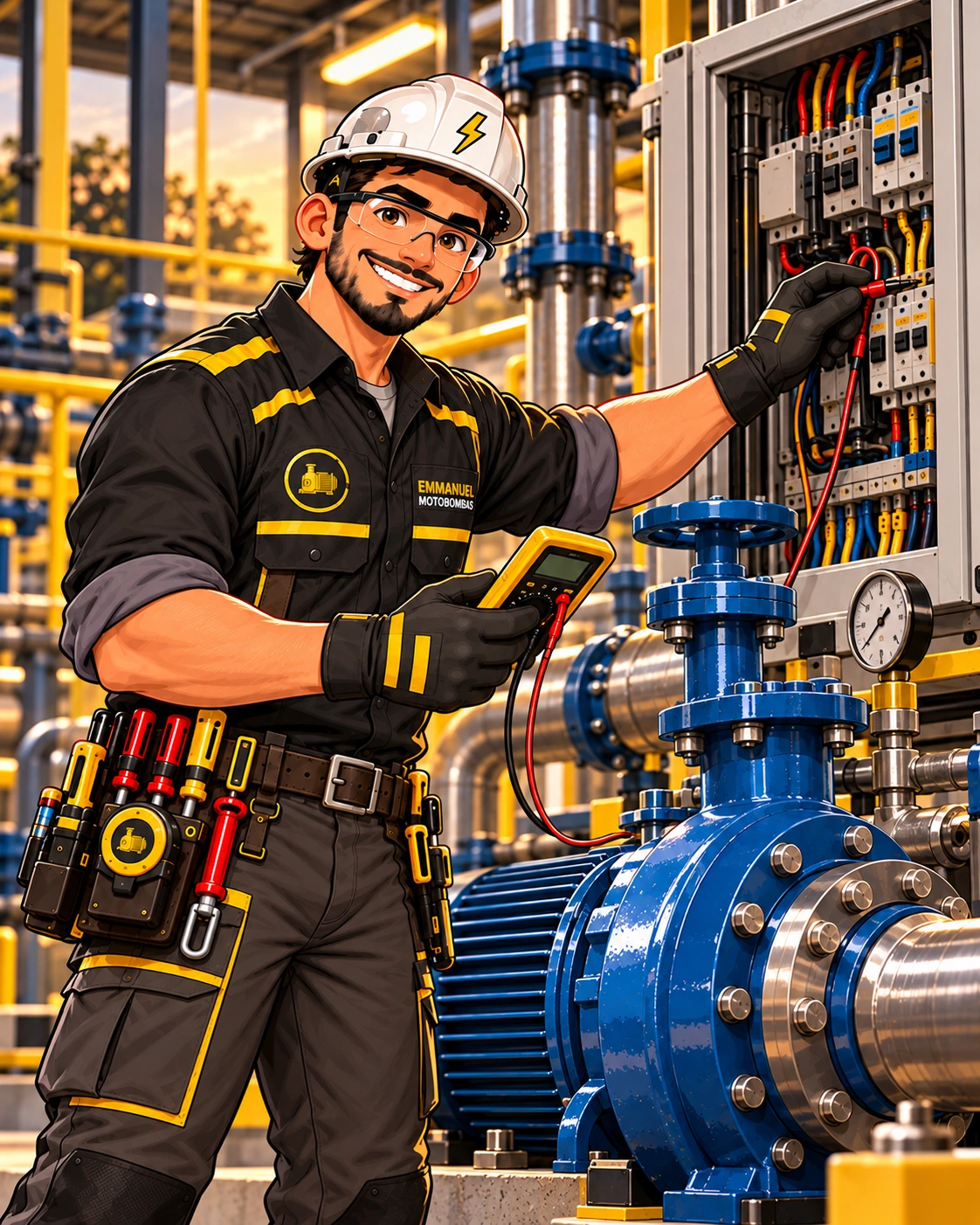 Avatar ilustrado da Emmanuel Motobombas realizando diagnóstico elétrico em sistema integrado.