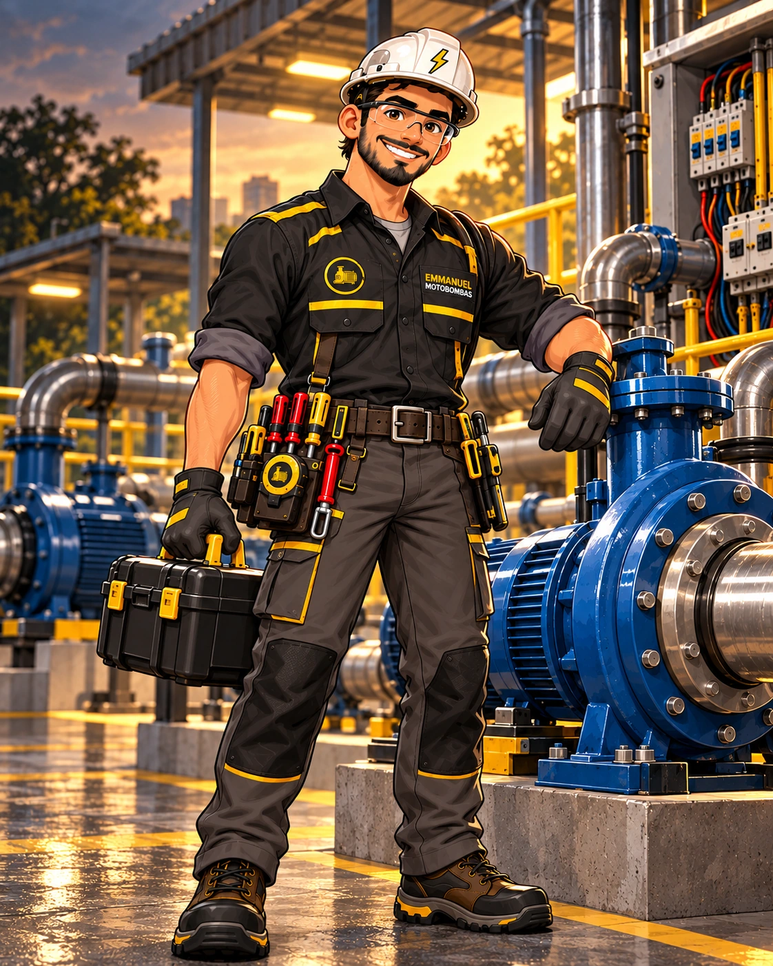 Avatar ilustrado da Emmanuel Motobombas em ambiente técnico com motobombas.