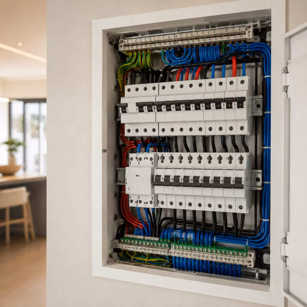 Quadro elétrico residencial organizado.